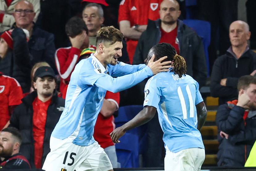 Belgium's Thomas Meunier celebrates after scoring during a soccer game between Wales and Belgian national team Red Devils, in Cardiff, Wales on Sunday 12 October 2025, qualifier 6/8 for the 2026 FIFA World Cup. BELGA PHOTO BRUNO FAHY