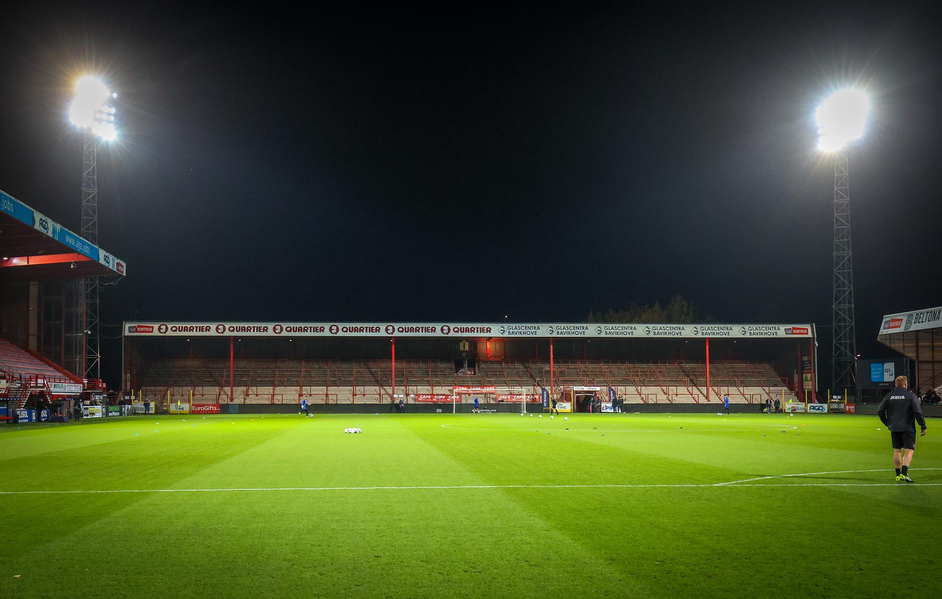 View on the empty tribune of Guldensporenstadion due to corona measures, before a soccer match between KV Kortrijk and RSCA Anderlecht, Friday 23 October 2020 in Kortrijk, on day 10 of the 'Jupiler Pro League' first division of the Belgian championship. BELGA PHOTO VIRGINIE LEFOUR