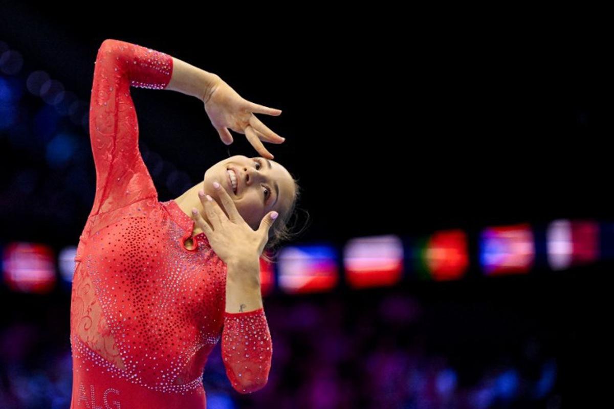 Algeria's Kaylia Nemour competes on the Floor Exercise in the Women's Individual All-Around Final during the 54th FIG Artistic Gymnastics World Championships, in Rotterdam, southern Netherlands, on October 23, 2026.  JOHN THYS / AFP