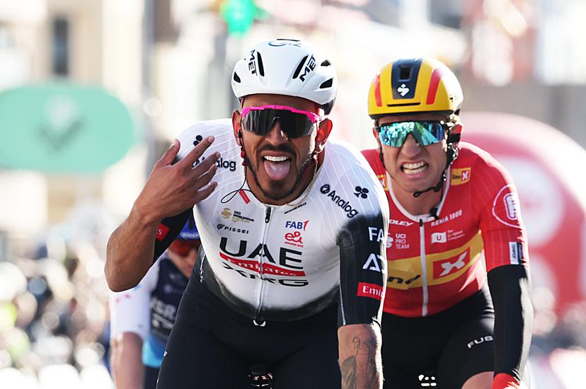 Colombian Juan Sebastian Molano of UAE Team Emirates celebrates after winning the 'Classic Brugge-De Panne' men's elite one-day cycling race, 195,6 km from Brugge to De Panne, Wednesday 26 March 2025. BELGA PHOTO KURT DESPLENTER