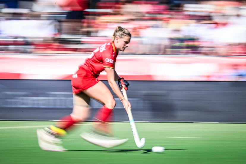 Belgium's Alix Gerniers pictured in action during the shootouts at a hockey game between Belgian national team Red Panthers and The Netherlands, match 16/16 in the group stage of the 2025 women's FIH Pro League, Sunday 29 June 2025 in Antwerp. BELGA PHOTO TOM GOYVAERTS