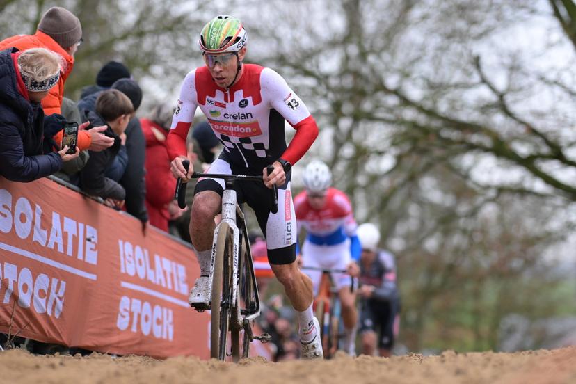 Belgian Laurens Sweeck pictured in action during the men's elite race of the 6th stage (out of 12) of the world cup cyclocross, in Koksijde Sunday 21 December 2025. BELGA PHOTO DAVID PINTENS