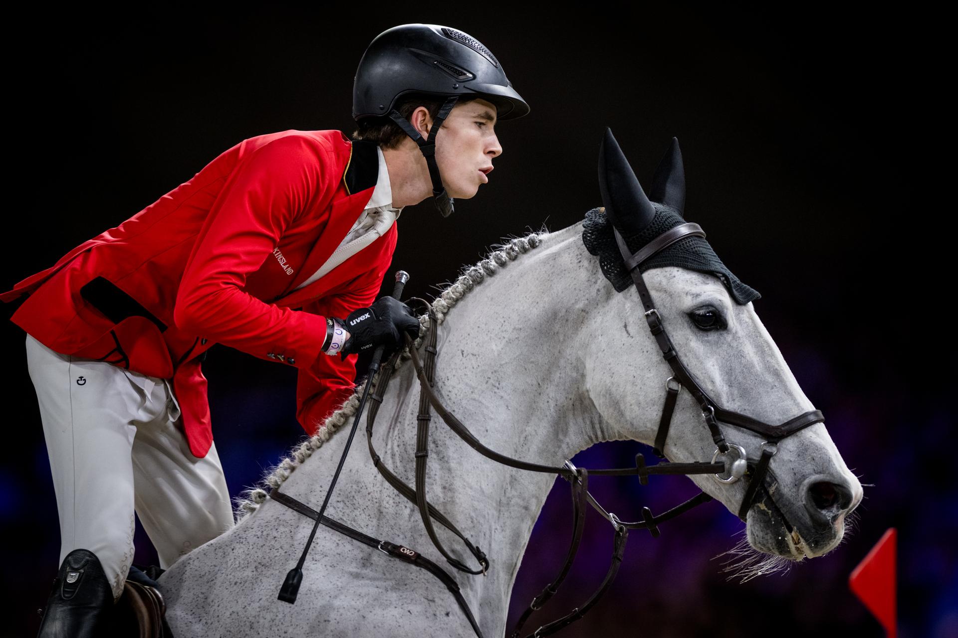 Belgian rider Thibeau Spits with King van Essene pictured in action during the FEI World Cup Jumping competition at the 'Vlaanderens Kerstjumping - Memorial Eric Wauters' equestrian event in Mechelen on Saturday 30 December 2023. BELGA PHOTO JASPER JACOBS
