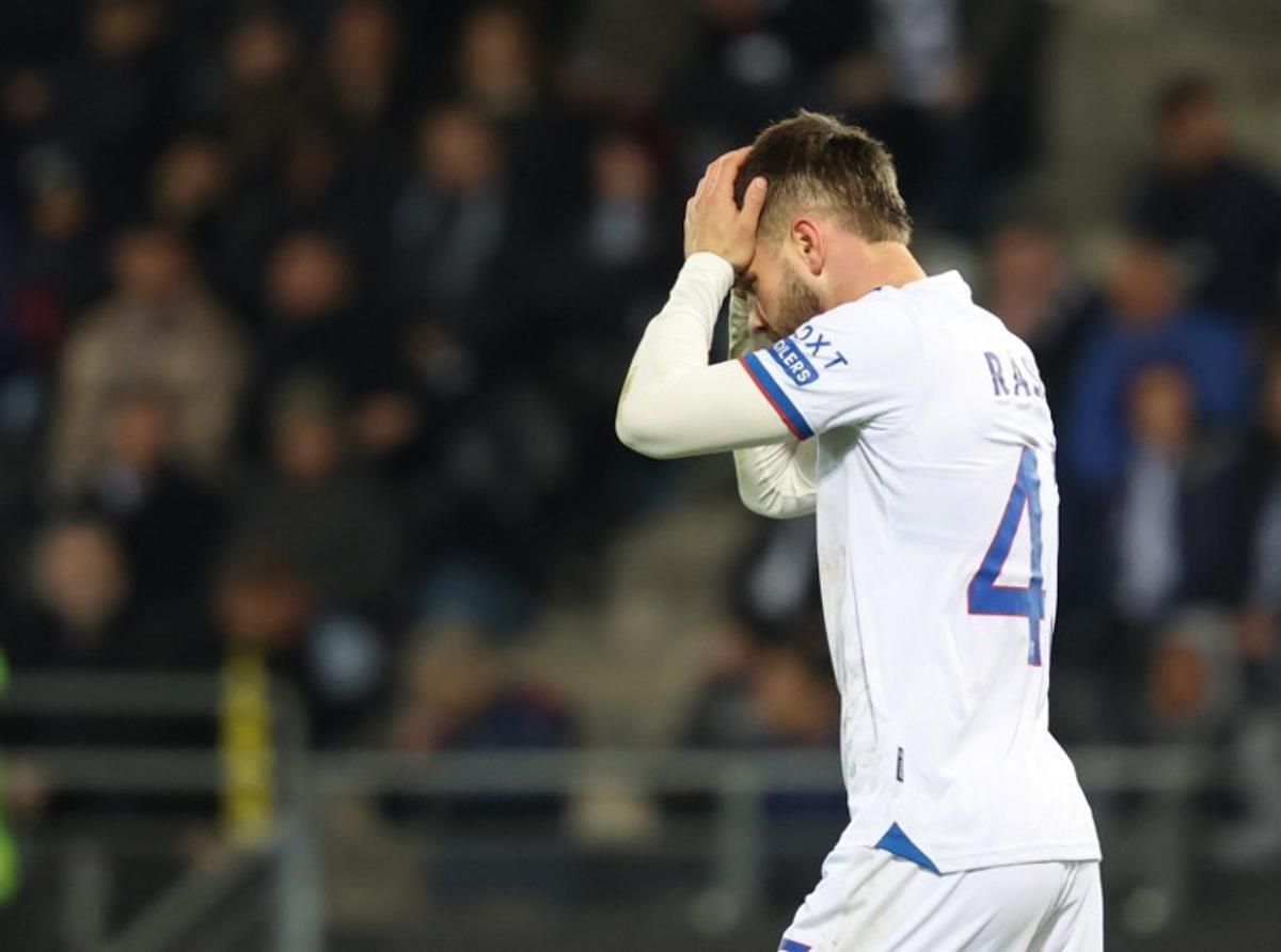 Glasgow Rangers' Belgian midfielder #43 Nicolas Raskin reacts during the UEFA Europa League first round day 2 football match Sturm Graz v Glasgow Rangers in Graz, Austria, on October 2, 2025.  ERWIN SCHERIAU / APA / AFP