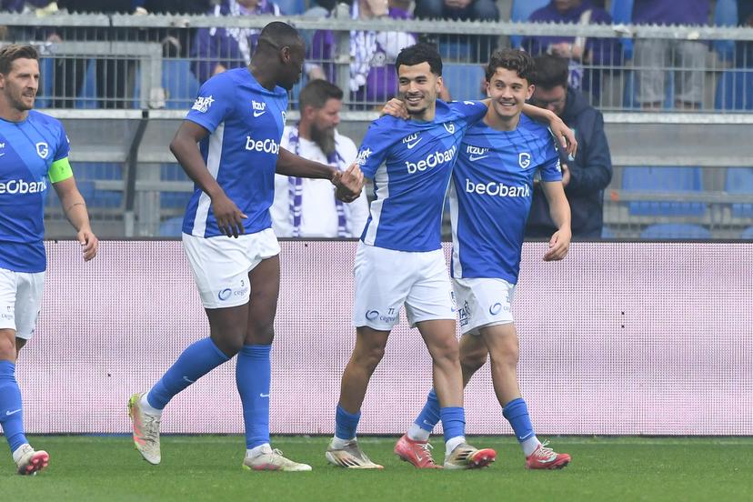 Genk's Zakaria El Ouahdi celebrates after scoring during a soccer match between KRC Genk and RSC Anderlecht, Sunday 25 May 2025 in Genk, on day 10 (out of 10) of the Champions' Play-offs of the 2024-2025 'Jupiler Pro League' first division of the Belgian championship. BELGA PHOTO JILL DELSAUX