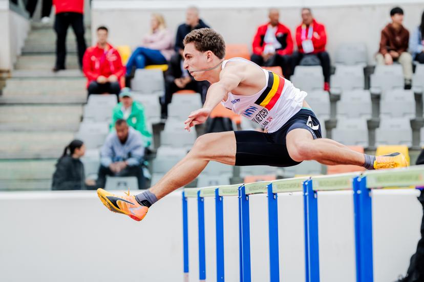 Belgian Zeno Van Neygen pictured in action during the men's 110m hurdles race, at the World Athletics U20 Championships, Thursday 29 August 2024, in Lima, Peru. The world championships take place from 27 to 31 August.  BELGA PHOTO SONYA MALETER