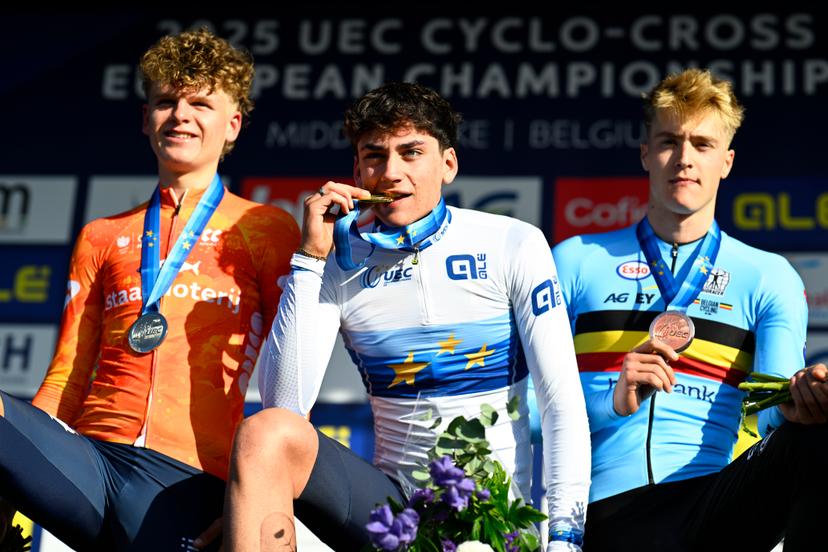 Dutch David Haverdings, Italian Mattia Agostinacchio and Belgian Kay De Bruyckere celebrate on the podium after the U23 men race at the UEC Cyclocross European Championships, Saturday 08 November 2025, in Middelkerke. BELGA PHOTO JASPER JACOBS