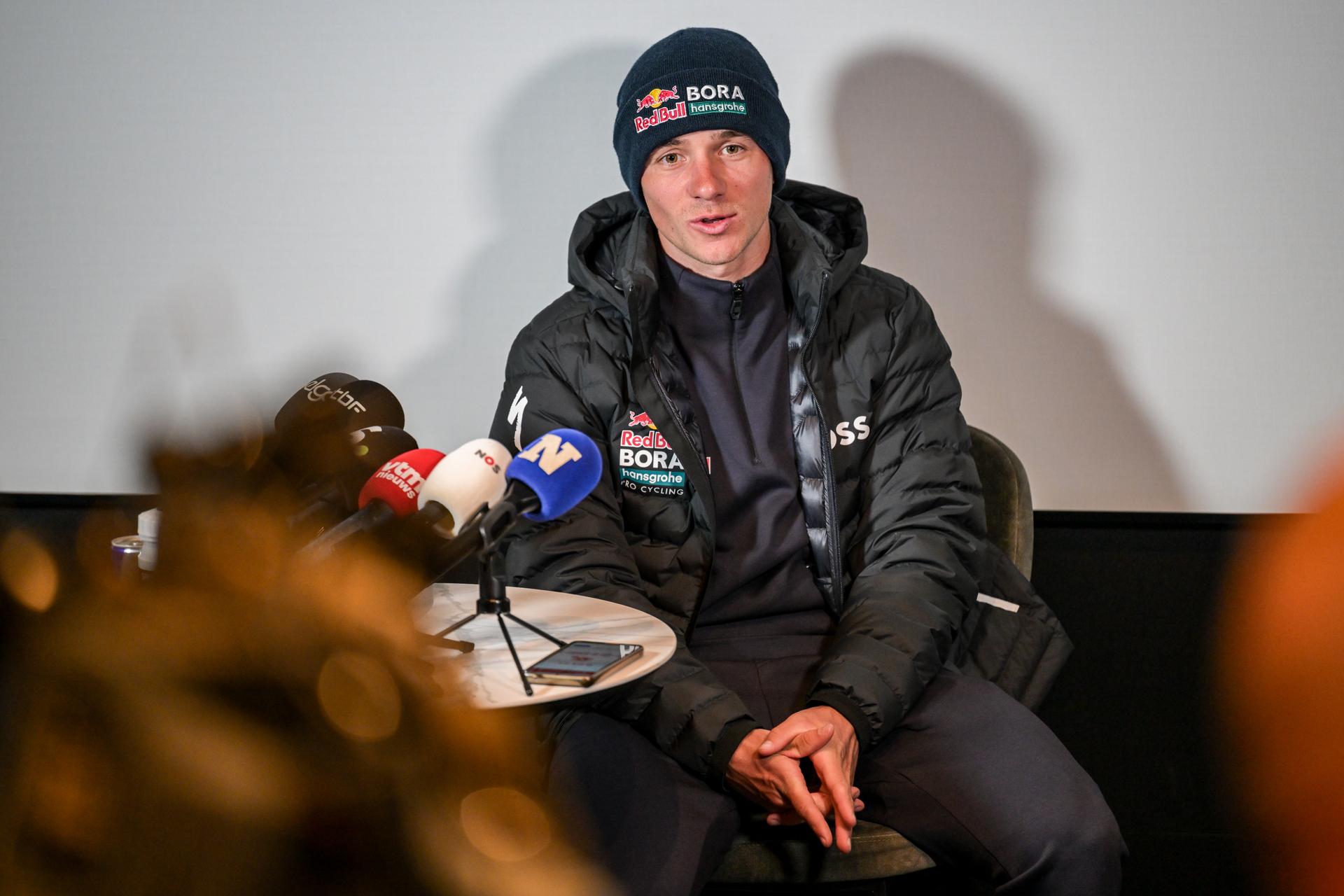Belgian Remco Evenepoel of Red Bull-BORA-hansgrohe pictured during a press conference of the Red Bull - Bora - Hansgrohe cycling team ahead of the Ronde van Vlaanderen / Tour des Flandres / Tour of Flanders cycling race, Friday 03 April 2026 in Ledegem. The 110th edition of the cycling race will take place on Sunday 5th April. BELGA PHOTO DAVID PINTENS