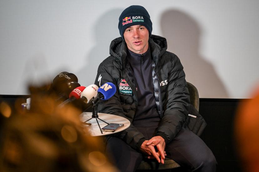 Belgian Remco Evenepoel of Red Bull-BORA-hansgrohe pictured during a press conference of the Red Bull - Bora - Hansgrohe cycling team ahead of the Ronde van Vlaanderen / Tour des Flandres / Tour of Flanders cycling race, Friday 03 April 2026 in Ledegem. The 110th edition of the cycling race will take place on Sunday 5th April. BELGA PHOTO DAVID PINTENS