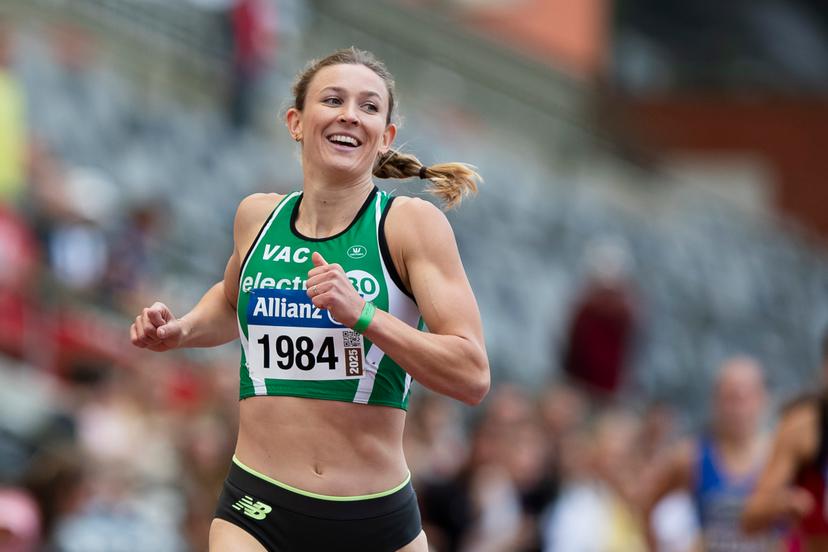 Belgian Paulien Couckuyt pictured after winning the women's 400m hurdles race, at the Belgian athletics championships, Sunday 03 August 2025 in Brussels. The Belgian championships take place from 2-3 August, 2025. BELGA PHOTO KRISTOF VAN ACCOM