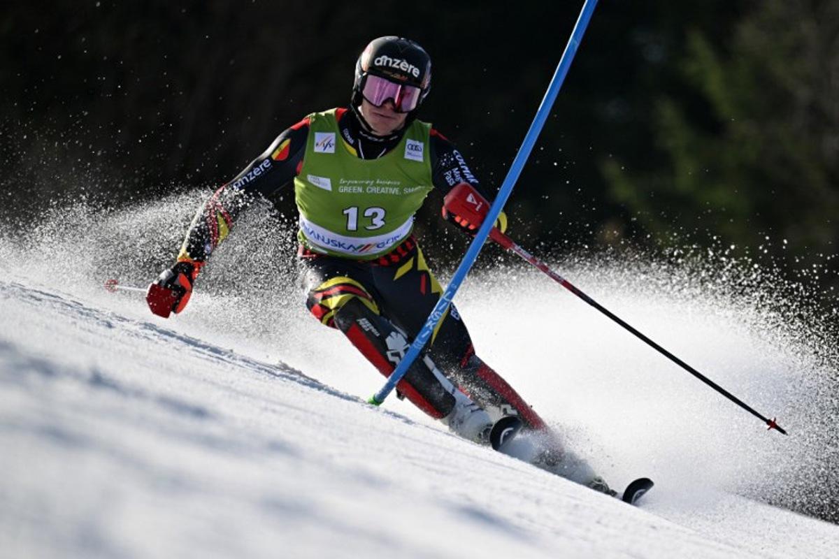 Belgium's Armand Marchant competes in the first run of the Men's Slalom event, part of FIS Alpine Ski World Cup 2025-2026 in Kranjska Gora, Slovenia on March 8, 2026.  JURE MAKOVEC / AFP