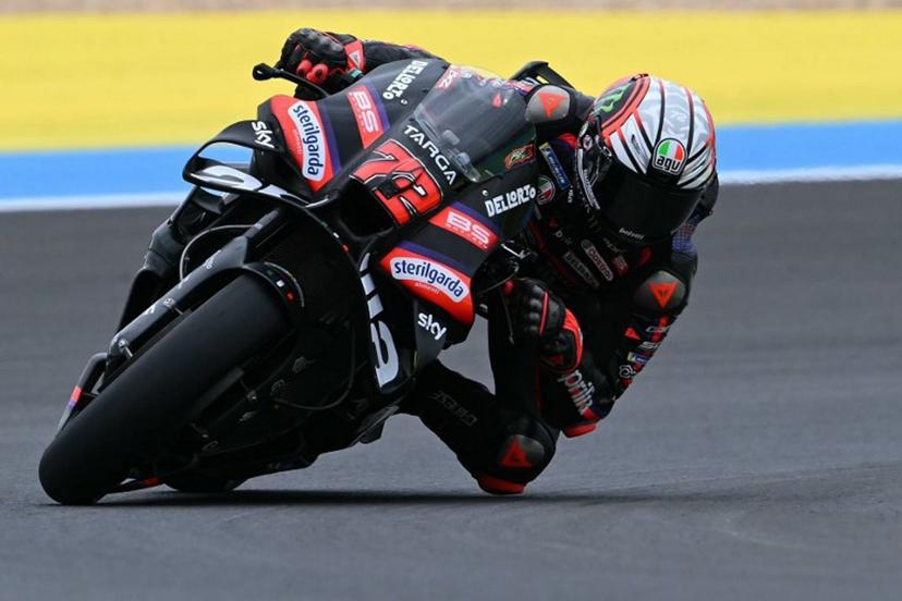 Aprilia Racing's Italian rider Marco Bezzecchi competes during the MotoGP practice session of the Grand Prix of Brazil at the Ayrton Senna International racetrack in Goiania, state of Goias, Brazil, on March 20, 2026.  EVARISTO SA / AFP