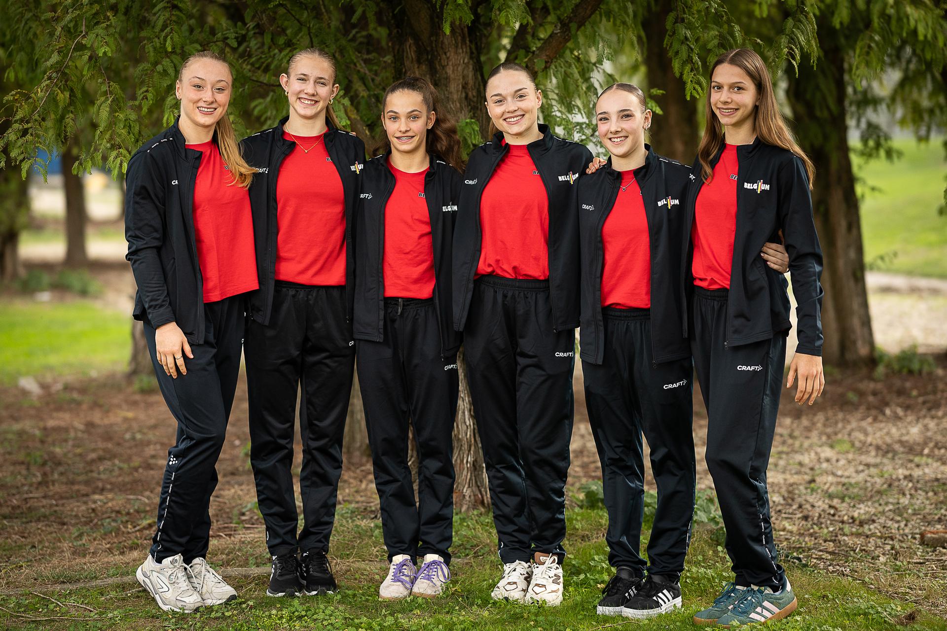 Female team members pose for the photographer a press moment of Belgium's artistic gymnastics team, Wednesday 7 October 2026, in Gent, ahead of the Worlds Championships in Rotterdam from 17 to 25 October 2026. BELGA PHOTO JAMES ARTHUR