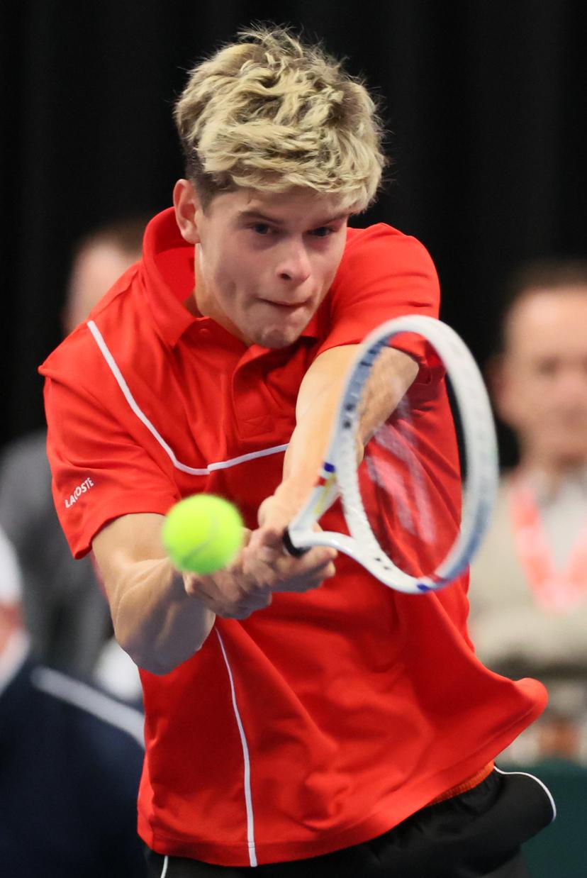 Belgian Alexander Blockx pictured during a game between Belgian Blockx and Chilean Garin, the second match in the Davis Cup qualifiers World Group tennis meeting between Belgium and Chile, Saturday 01 February 2025, in Hasselt. BELGA PHOTO BENOIT DOPPAGNE