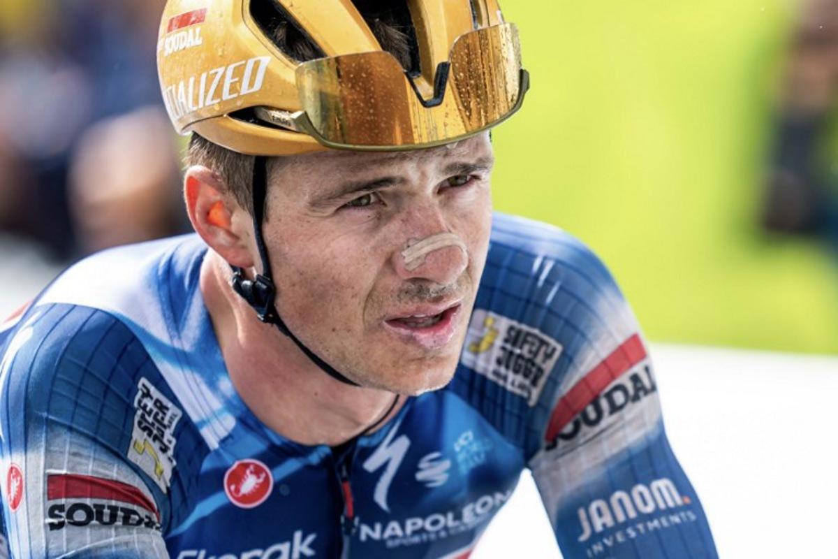 Soudal Quick-Step team's Belgian rider Remco Evenepoel crosses the finish line on 11th place of the fourth stage of the Tour of Romandie UCI cycling World tour, a 128,4 km from Sion to Thyon 2000, in Thyon, on May 3, 2025.   Maxime SCHMID / AFP