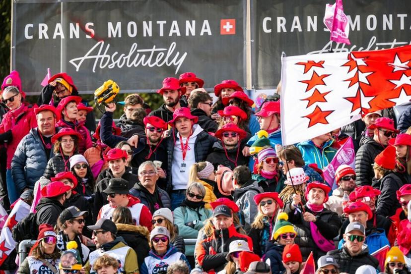 Swiss skier Arnaud Boisset and supporters attend the men's downhill event at the FIS Alpine Skiing World Cup in Crans-Montana on February 22, 2025.  Maxime Schmid / AFP