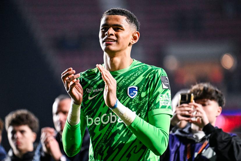 Genk's goalkeeper Lucca Brughmans celebrates after winning a soccer match between Royal Antwerp FC and KRC Genk, Friday 03 April 2026 in Antwerp, on the first day of the Europe Play-offs (PO 2) of the 2025-2026 'Jupiler Pro League' first division of the Belgian championship. BELGA PHOTO TOM GOYVAERTS