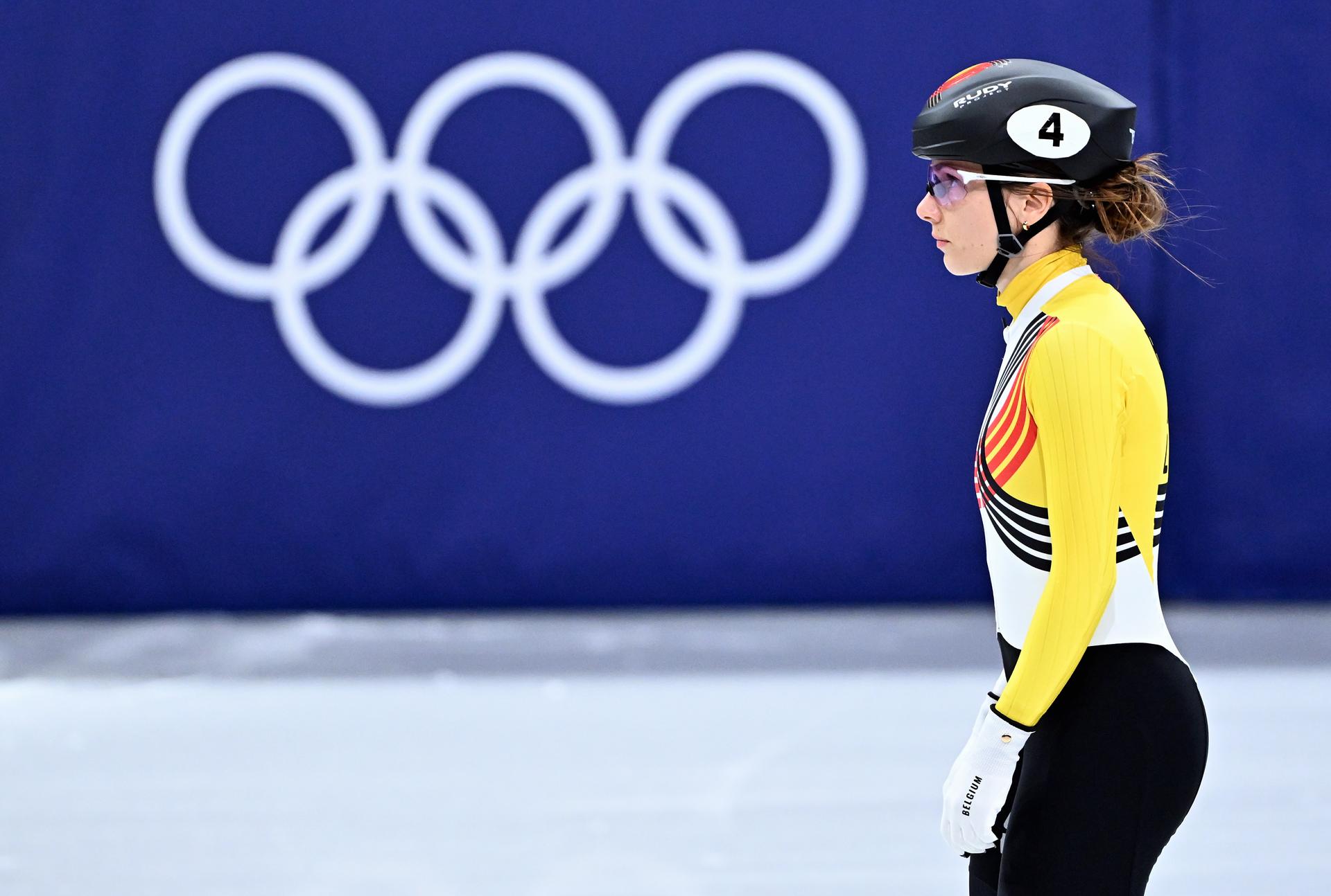 Belgian shorttrack skater Hanne Desmet pictured during the quarterfinals of the women's 500m Short Track Speed Skating, at the Milano Cortina 2026 Olympic Winter Games, on Thursday 12 February 2026 in Milan, Italy. The XXV Winter Olympics take place from 6 to 22 February 2026 in Italy. BELGA PHOTO JASPER JACOBS