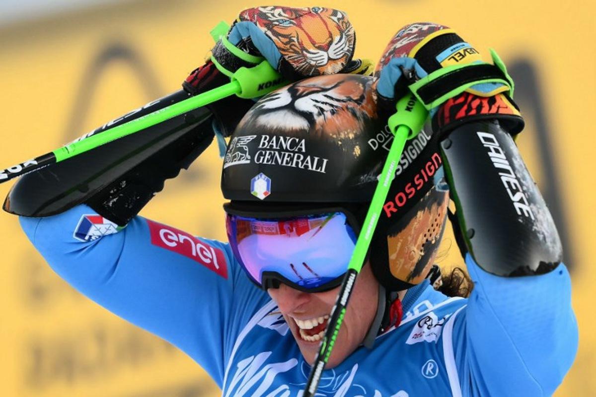 Italy's Federica Brignone reacts after the second run of the Women's Giant Slalom event of FIS Alpine Skiing World Cup in Kronplatz, Plan de Corones, Italy, on January 20, 2026.  Marco BERTORELLO / AFP