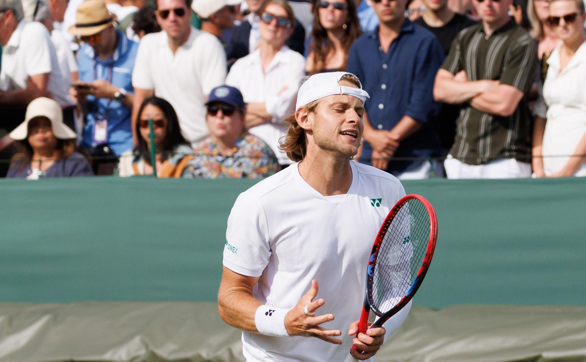 Belgian Zizou Bergs reacts during a doubles tennis match between French pair Doumbia-Reboul and Belgian-Canadian pair Bergs-Diallo, in the first round of the men's doubles at the 2025 Wimbledon grand slam tournament, Thursday 03 July 2025 at the All England Tennis Club, in South-West London, Britain. BELGA PHOTO BENOIT DOPPAGNE
