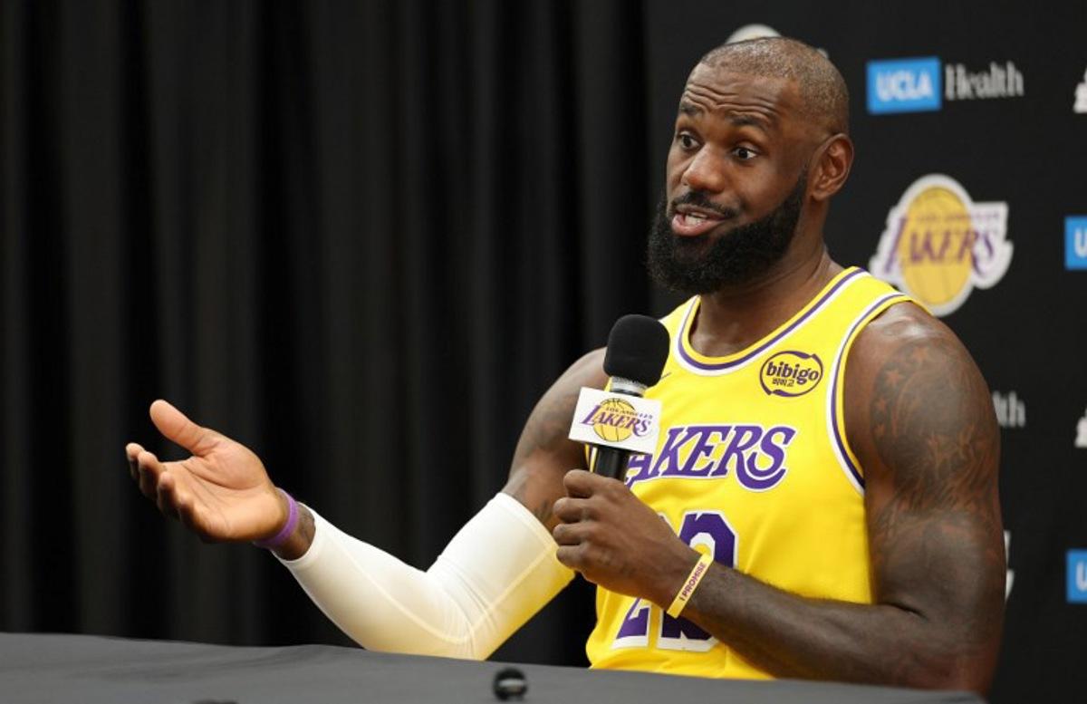 US basketball player LeBron James speaks to reporters during the Los Angeles Lakers media day at UCLA Health Training Center El Segundo, California on September 29, 2025.  Patrick T. Fallon / AFP