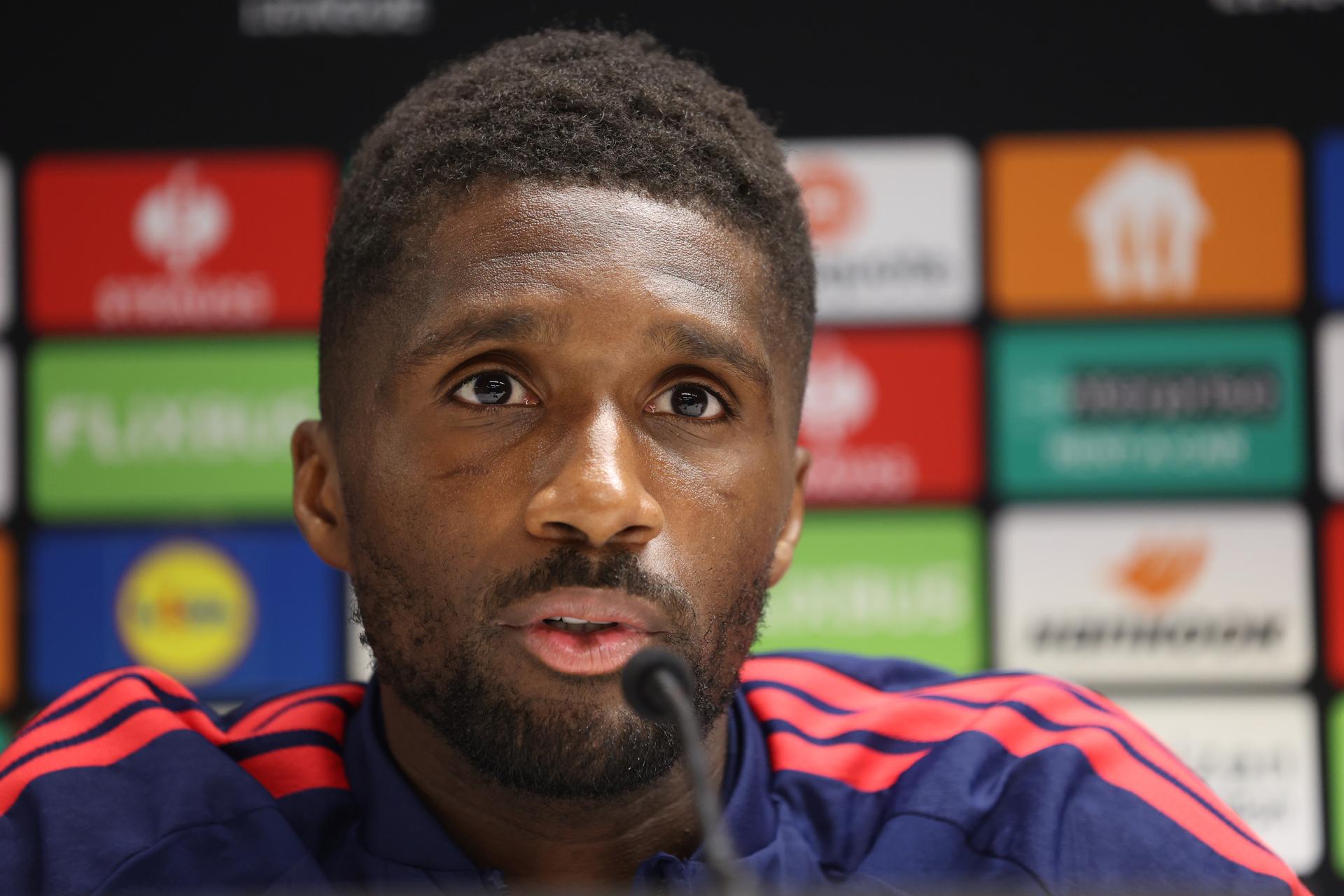 Lyon's Clinton Mata pictured at a press conference of French club Olympique Lyonnais (OL) ahead of the game against Belgian soccer team RSC Anderlecht , Tuesday 15 September 2026 in Brussels, for the first day (out of 8) of the league phase of the UEFA Europa League phase.  BELGA PHOTO VIRGINIE LEFOUR