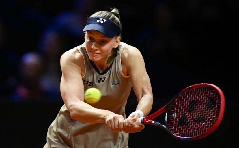Kazakhstan's Elena Rybakina returns the ball to Czech Republic's Karolina Muchova (not in picture) in the final match at the Women's Tennis Grand Prix WTA tournament in Stuttgart, southwestern Germany, on April 19, 2026.  THOMAS KIENZLE / AFP