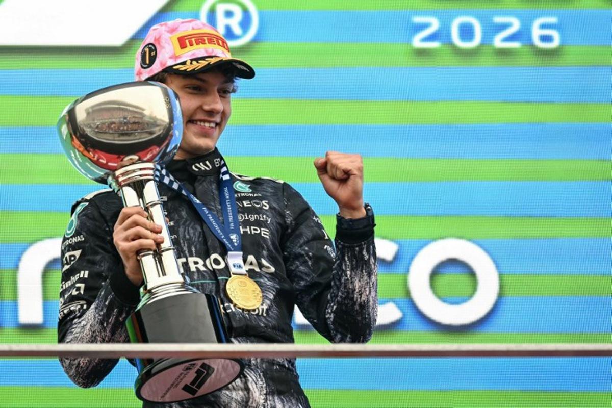 Winner Mercedes' Italian driver Kimi Antonelli celebrates on the podium after the Formula One Japanese Grand Prix at the Suzuka circuit in Suzuka, Mie prefecture on March 29, 2026.  Toshifumi KITAMURA / AFP