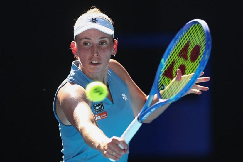 Belgium's Elise Mertens hits a return to Kazakhstan's Elena Rybakina during their women's singles match on day nine of the Australian Open tennis tournament in Melbourne on January 26, 2026.  IZHAR KHAN / AFP