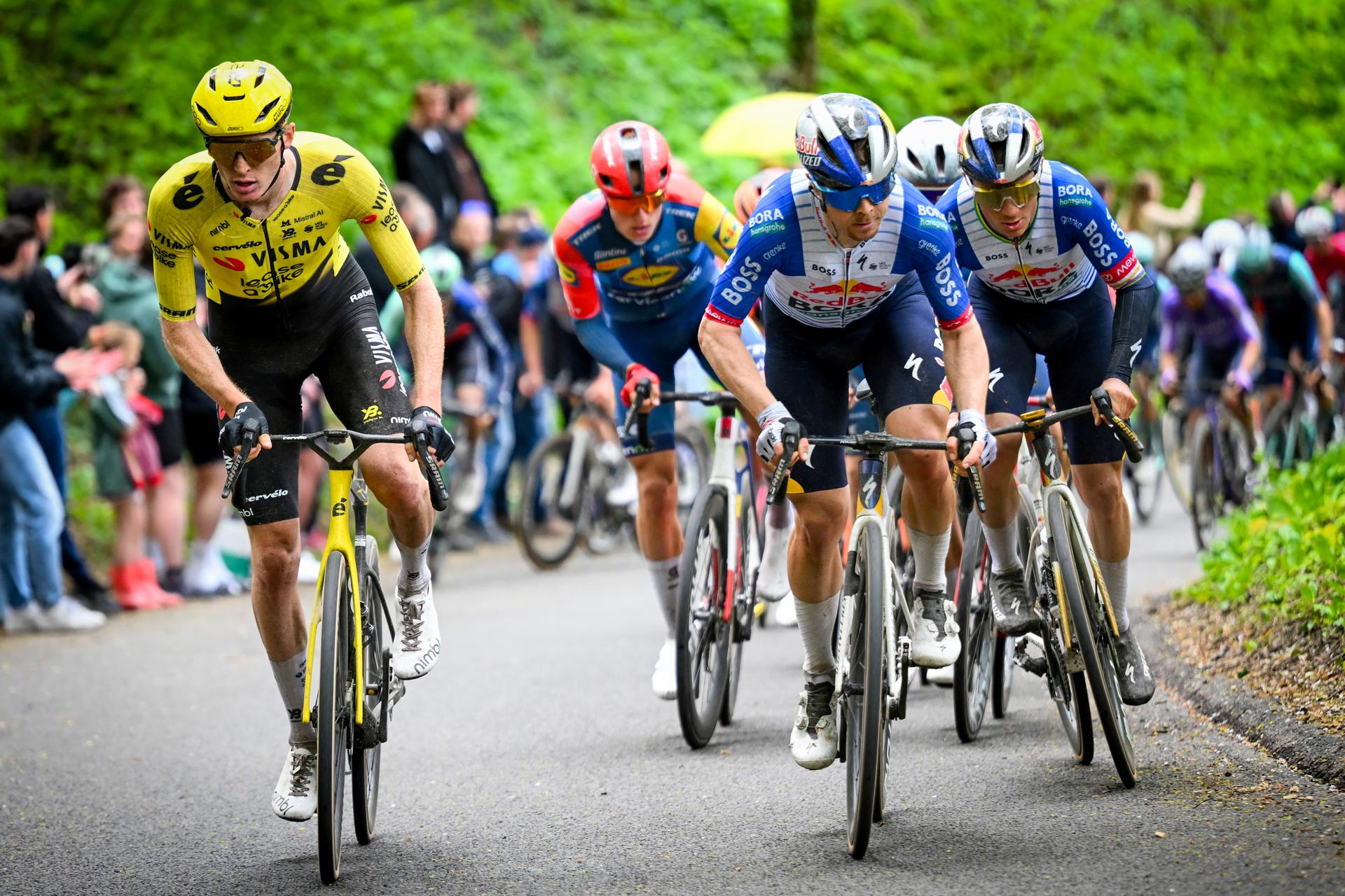 American Matteo Jorgenson of Team Visma-Lease a Bike, Slovenian Jan Tratnik of Red Bull-BORA-hansgrohe and Belgian Remco Evenepoel of Red Bull-BORA-hansgrohe pictured in action during the men elite 'Amstel Gold Race' one day cycling race, 257,4 km from Maastricht to Valkenburg, The Netherlands, Sunday 19 April 2026. BELGA PHOTO POOL VINCENT KALUT