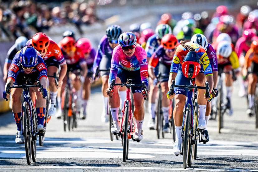 Dutch Charlotte Kool of Team Picnic PostNL and Italian Elisa Balsamo of Lidl-Trek sprint to the finish of the women's race of the 113th edition of the 'Scheldeprijs' one day cycling event, 202,8 km from Terneuzen, the Netherlands to Schoten, Belgium on Wednesday 09 April 2025. BELGA PHOTO ERIC LALMAND