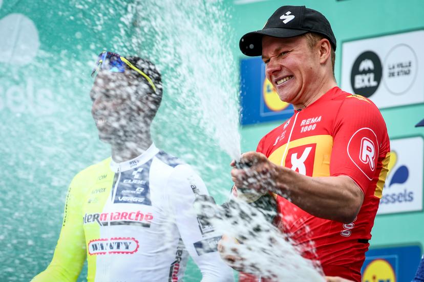 Norwegian Jonas Abrahamsen of Uno-X Mobility celebrates on the podium after winning the Brussels Cycling Classic one day cycling race, 218,4 km from and to Brussels, Sunday 02 June 2024. BELGA PHOTO DAVID PINTENS
