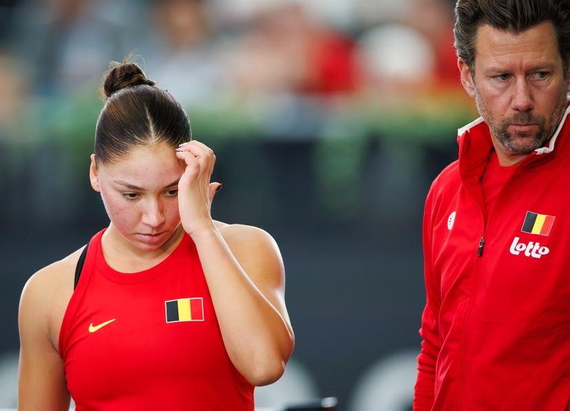 Belgian Sofia Costoulas and Belgian team captain Wim Fissette pictured during the first game between Belgian Costoulas and Turkish Aksu in the Billie Jean King Cup Play-offs, between Belgium and Turkey, on Saturday 15 November 2025 in Ismaning, Germany. PHOTO BENOIT DOPPAGNE