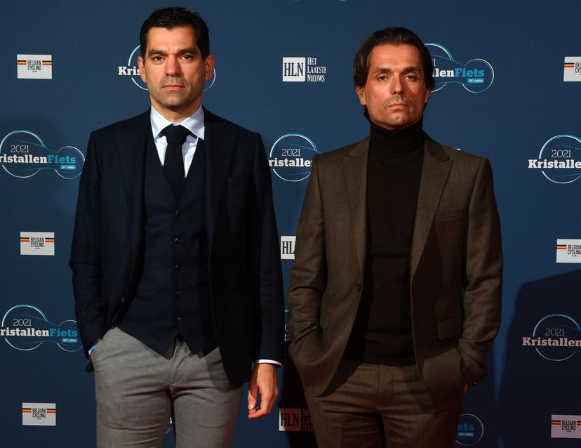 CAPTION CORRECTION: Switching names - Christoph is standing at the RIGHT, Philip at the LEFT - CORRECT VERSION FOLLOWS: (L-R) Alpecin-Fenix team manager Philip Roodhooft and Alpecin-Fenix team manager Christoph Roodhooft pictured during the 30th edition of the 'Kristallen Fiets' (Crystal Bike - Velo de Cristal) award ceremony for the best cyclist of the 2021 season, organized by Flemish newspaper Het Laatste Nieuws, Wednesday 01 December 2021, in Vilvoorde. BELGA PHOTO DAVID STOCKMAN