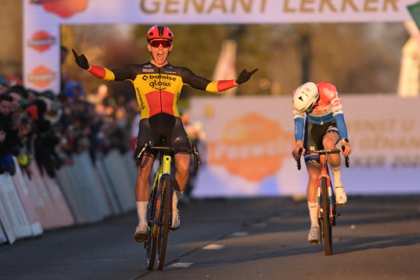 Belgian Thibau Nys celebrates as he crosses the finish line to win the men's elite race at the World Cup cyclocross cycling event in Dendermonde, Belgium, stage 8 (out of 12) of the UCI World Cup cyclocross competition, Sunday 28 December 2025. BELGA PHOTO DAVID PINTENS