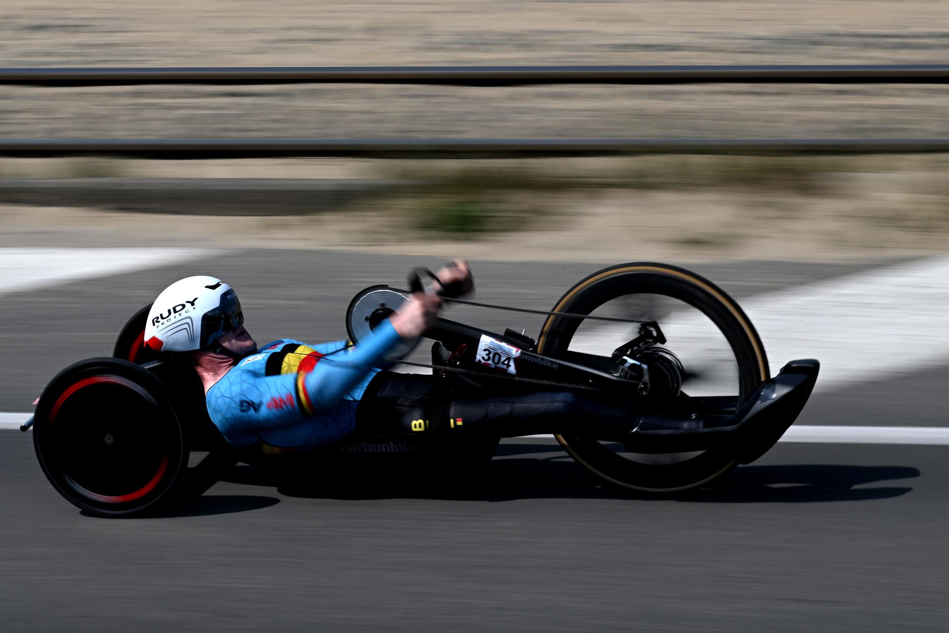 Belgian Marvin Odent pictured in action during the time trials at the UCI Para-Cycling Road World Cup event, Thursday 01 May 2025, in Oostende. The UCI Para-Cycling Road World Cup takes place from 01 to 04 May in Oostende and Brugge. BELGA PHOTO LUC CLAESSEN