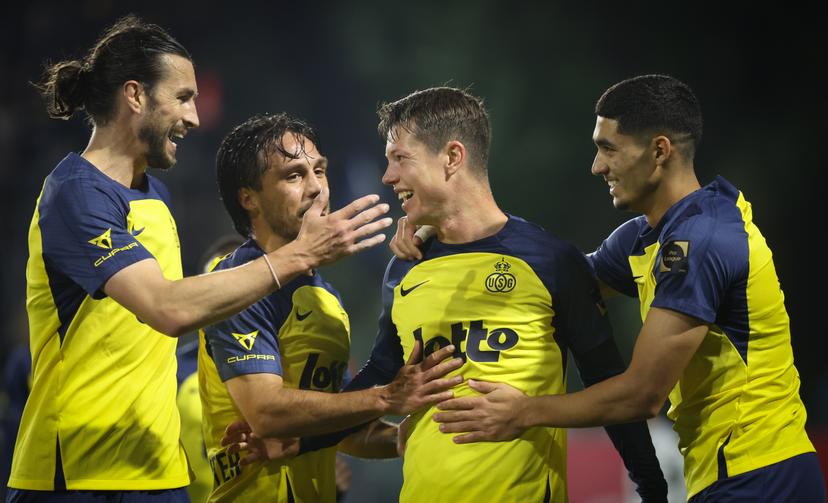 Union's Mathias Rasmussen celebrates after scoring during a soccer match between Royale Union Saint-Gilloise and Sporting Charleroi, Saturday 18 October 2025 in Brussels, on day 11 of the 2025-2026 'Jupiler Pro League' first division of the Belgian championship. BELGA PHOTO VIRGINIE LEFOUR