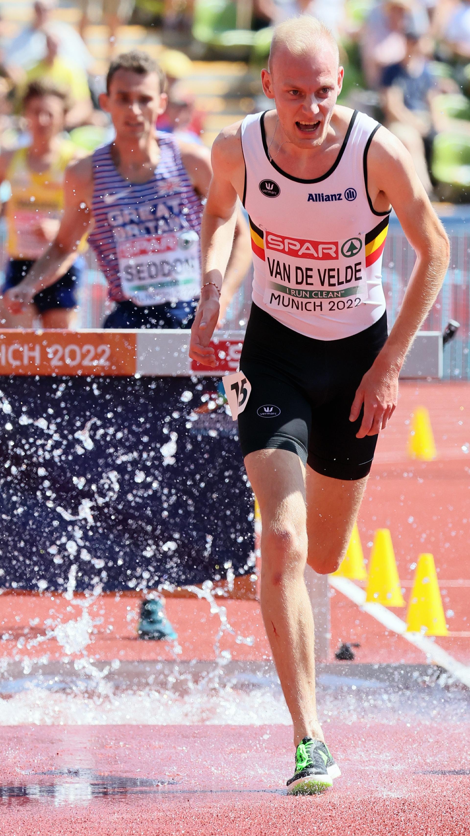 Belgian Tim Van De Velde pictured in action during the heats of the men's 3000m steeplechase race on the second day of the Athletics European Championships, at Munich 2022, Germany, on Tuesday 16 August 2022. The second edition of the European Championships takes place from 11 to 22 August and features nine sports. BELGA PHOTO BENOIT DOPPAGNE