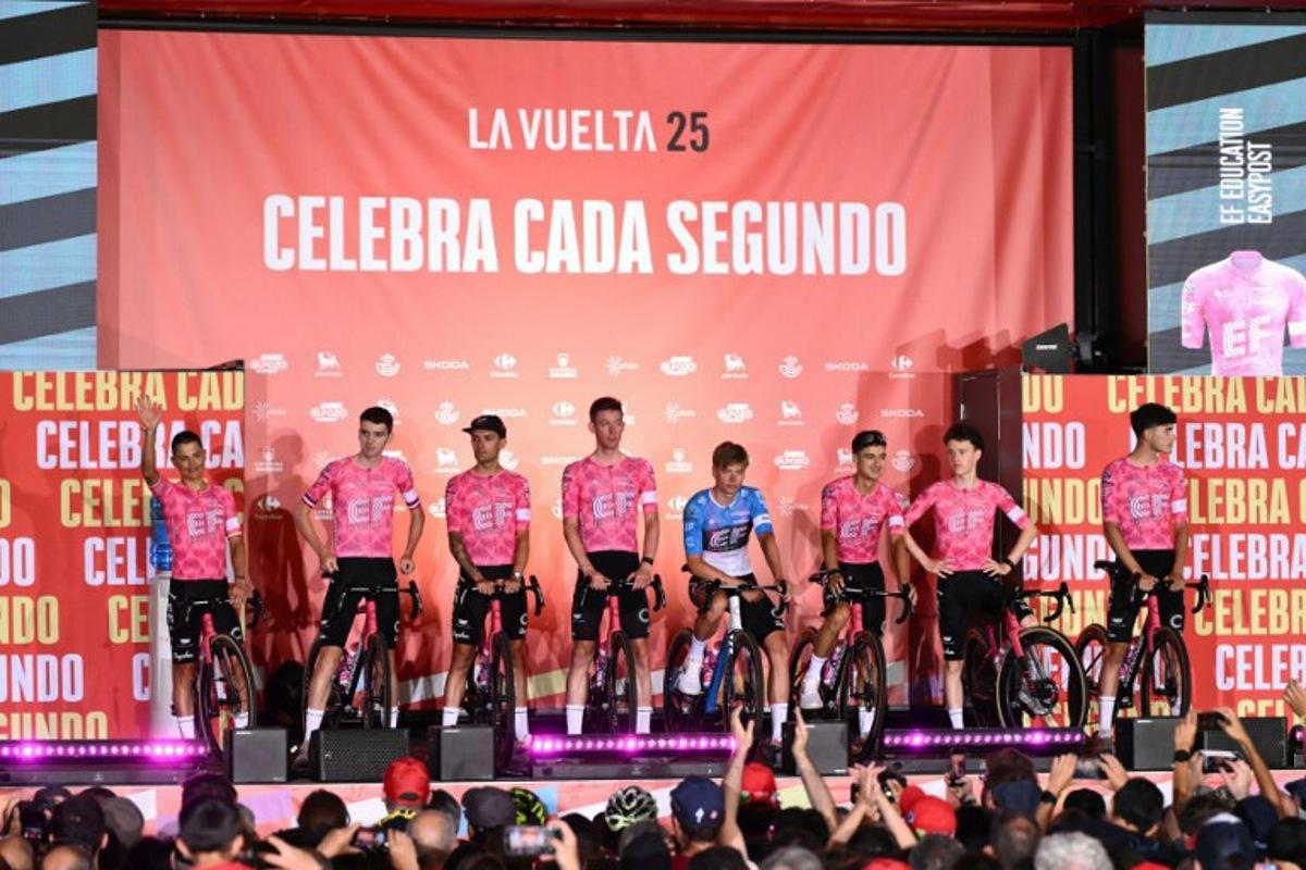 Team EF Education - Easypost riders stand on stage during the official teams presentation of the 80th edition of 'La Vuelta' cycling tour of Spain, in Torino, Italy on August 21, 2025.  Marco BERTORELLO / AFP