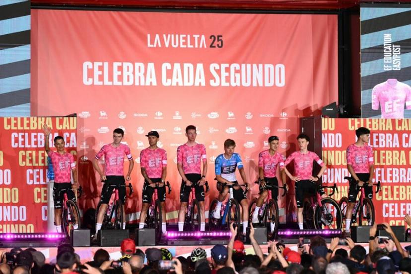 Team EF Education - Easypost riders stand on stage during the official teams presentation of the 80th edition of 'La Vuelta' cycling tour of Spain, in Torino, Italy on August 21, 2025.  Marco BERTORELLO / AFP