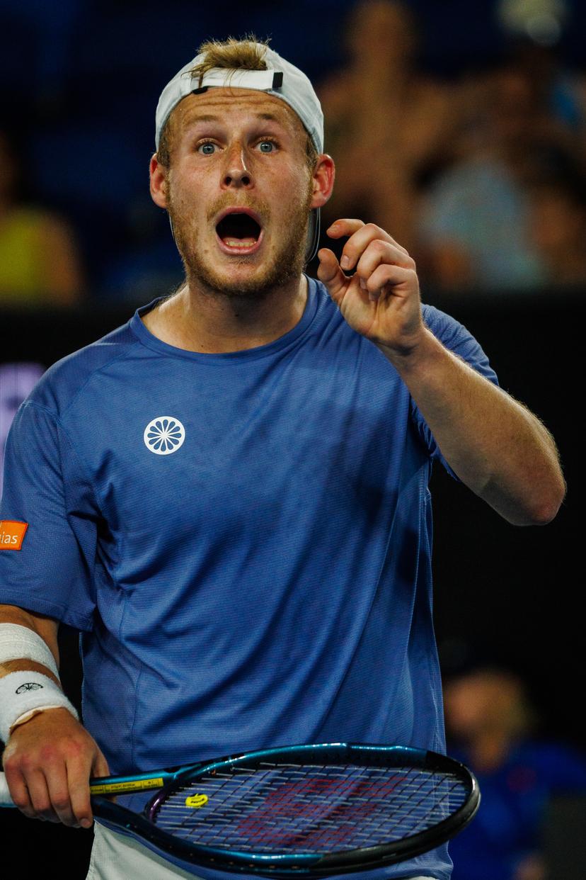 Belgian Gauthier Onclin pictured in action during a men's singles first round game between Belgian Onclin and American Opelka, at the 'Australian Open' Grand Slam tennis tournament, Sunday 12 January 2025 in Melbourne Park, Melbourne, Australia. The 2025 edition of the Australian Grand Slam takes place from January 12th to January 26th. BELGA PHOTO PATRICK HAMILTON