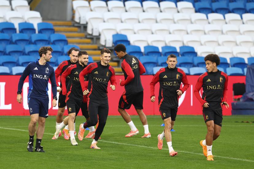 Red Devils pictured during a training session of Belgian national soccer team Red Devils in Cardiff, Wales on Sunday 12 October 2025. The team is preparing for tomorrow's match against Wales, qualifier 6/8 for the 2026 World Cup. BELGA PHOTO BRUNO FAHY