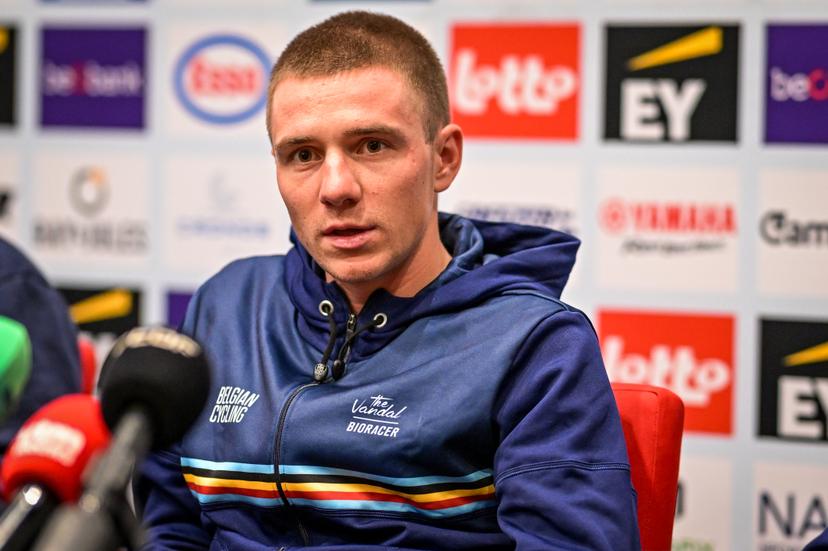Belgian Remco Evenepoel is pictured during a press conference ahead of the cycling European Championships, in Ljubljana, Slovenia, Friday 2 October 2026. The UEC road championships are taking place from 03 to 07 October. BELGA PHOTO DAVID PINTENS