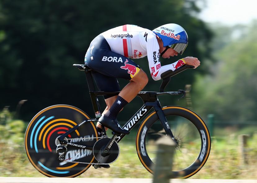 Polish Filip Maciejuk of Red Bull-Bora-Hansgrohe pictured in action during stage two of the 'Renewi Tour' multi-stage cycling race, a 15,4km time trial in Tessenderlo on Thursday 29 August 2024. The five-day race takes place in Belgium and the Netherlands. BELGA PHOTO DAVID PINTENS