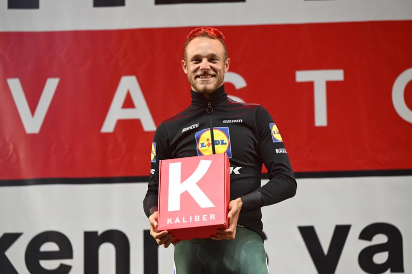 Italian Jonathan Milan of Lidl-Trek pictured on the podium after the 'Natourcriterium Herentals' cycling race, Thursday 31 July 2025 in Herentals. The contest is a part of the traditional 'criteriums', local races in which mainly cyclists who rode the Tour de France compete. BELGA PHOTO TOM GOYVAERTS