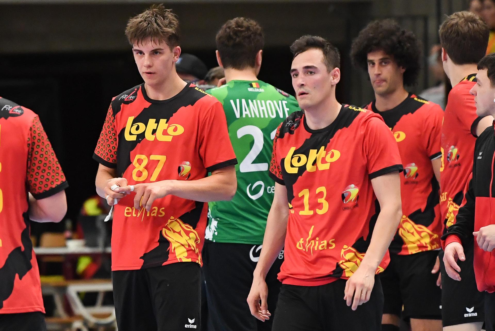 Belgium's Sverre Stollman and Belgium's Nick Braun look dejected after losing a handball game between Belgian national team 'Red Wolves' and Croatia, Wednesday 07 May 2025 in Hasselt, game 5/6 in the qualifications for the men's EHF Euro 2026 European Championship. BELGA PHOTO JILL DELSAUX