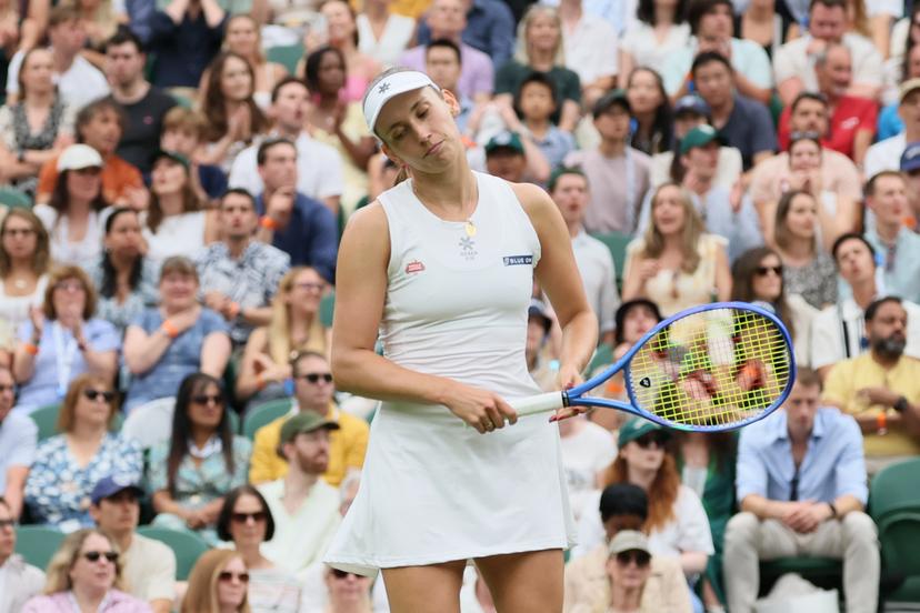 Belgian Elise Mertens reacts during a tennis match against Belarusian Sabalenka, in the round of 16 of the women's singles at the 2025 Wimbledon grand slam tournament, Sunday 06 July 2025 at the All England Tennis Club, in South-West London, Britain. BELGA PHOTO BENOIT DOPPAGNE