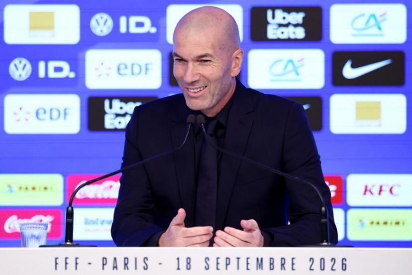 France's national football team head coach Zinedine Zidane smiles during a press conference to unveil France squad for the upcoming Nations League matches, at the French football federation (FFF) heaquarters in Paris on Septembre 18, 2026.   FRANCK FIFE / AFP