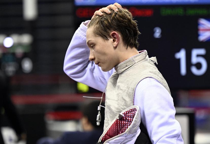 Fencing Athlete Oscar Geudvert reacts during a fight in the men's foil competition, at the European Games in Krakow, Poland on Monday 26 June 2023. The 3rd European Games, informally known as Krakow-Malopolska 2023, is a scheduled international sporting event that will be held from 21 June to 02 July 2023 in Krakow and Malopolska, Poland. BELGA PHOTO LAURIE DIEFFEMBACQ