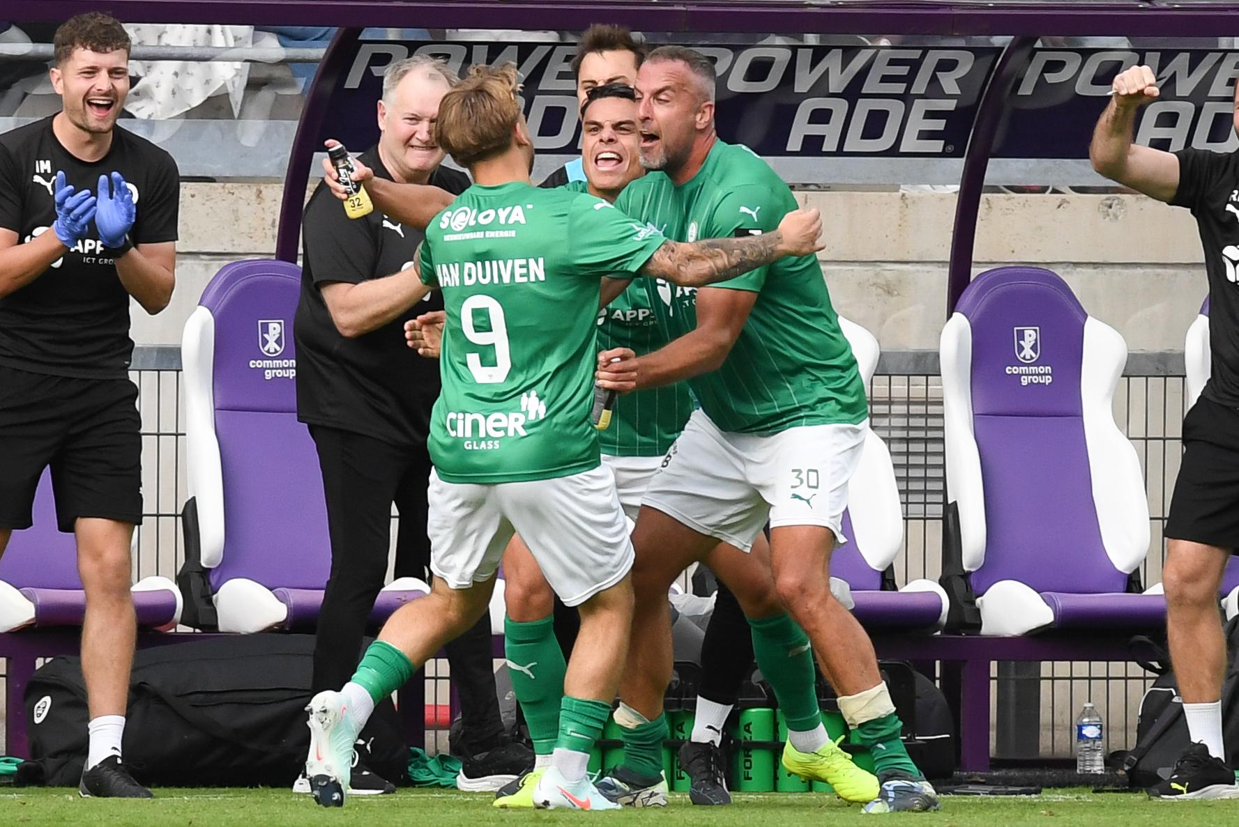 Lommel's Jason van Duiven celebrates after scoring during a soccer game between Patro Eisden Maasmaechelen and Lommel SK, Saturday 13 September 2025 in Maasmechelen, on day 5 of the 2025-2026 'Challenger Pro League' 1B second division of the Belgian championship. BELGA PHOTO JILL DELSAUX